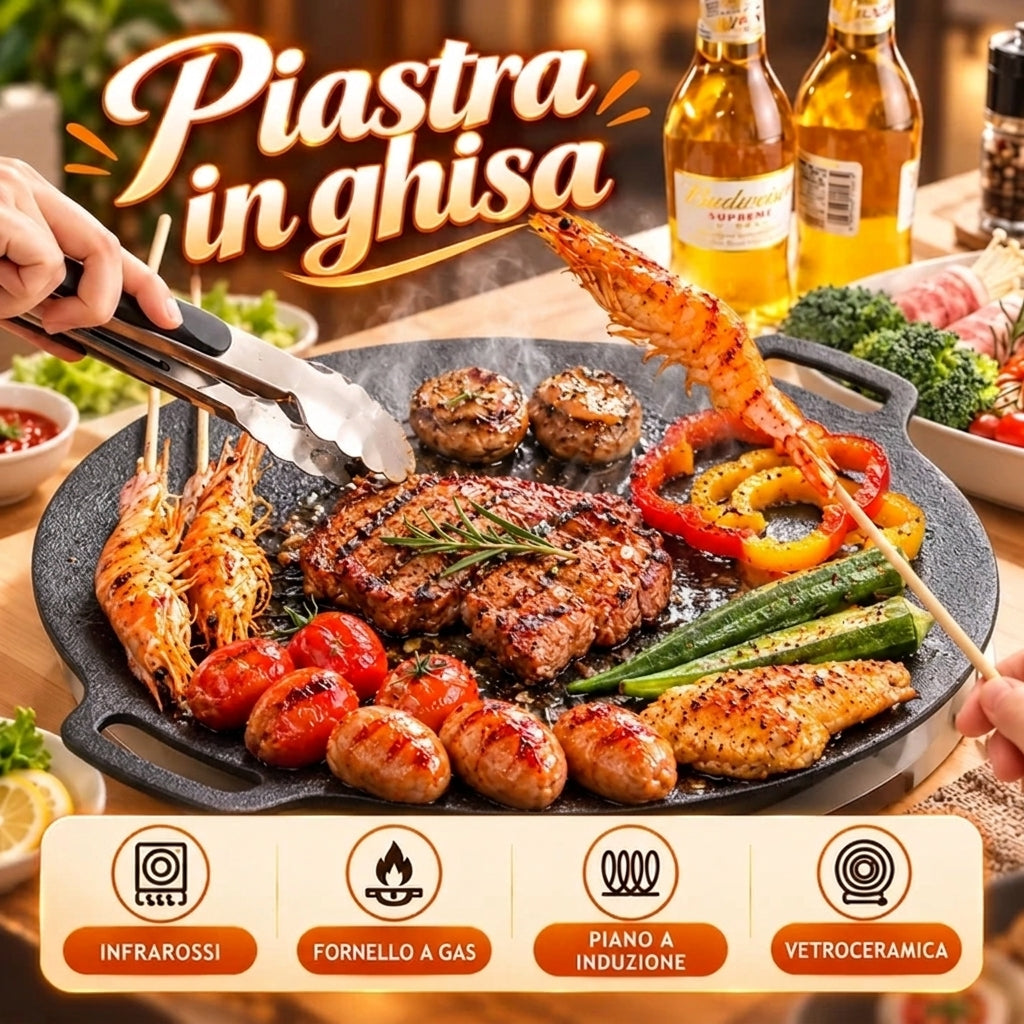 SARTLA™ Piastra da Cucina Antiaderente in Ghisa Griglia per Carne, Verdure e BBQ su Gas e Induzione